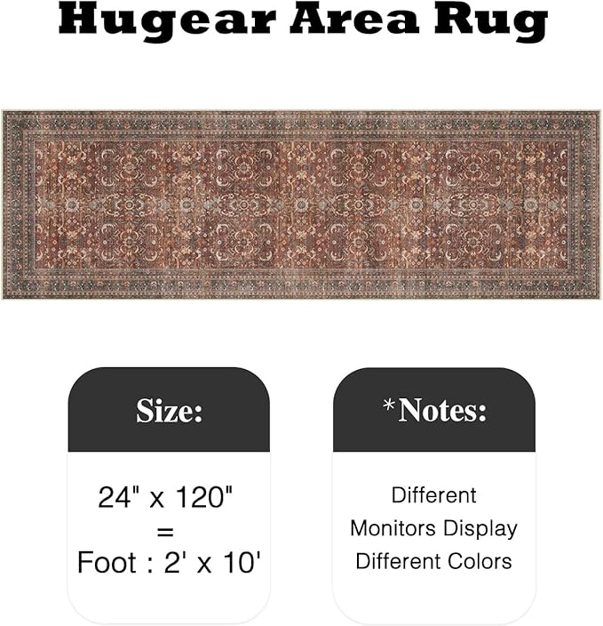 HUGEAR 2x10 Runner Rug Hallway Vintage Brick Red Machine Washable Retro Floral Low Pile Carpet Vacuumable Distressed Long Throw Rug Bedroom Office Bathroom Kitchen Laundry Non Slip Soft Lightweight