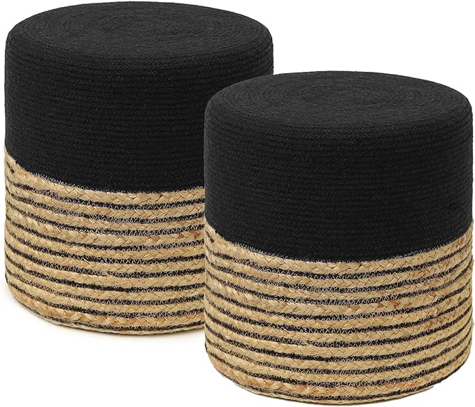 REDEARTH · Cylindrical Pouf Ottoman - Braided Pouffe Accent Sitting Round Footrest for Living Room, Bedroom, Nursery, kidsroom, Patio ; 70% Cotton 30% Jute, Set of 2 (14.5X14.5X16; Black Natural)