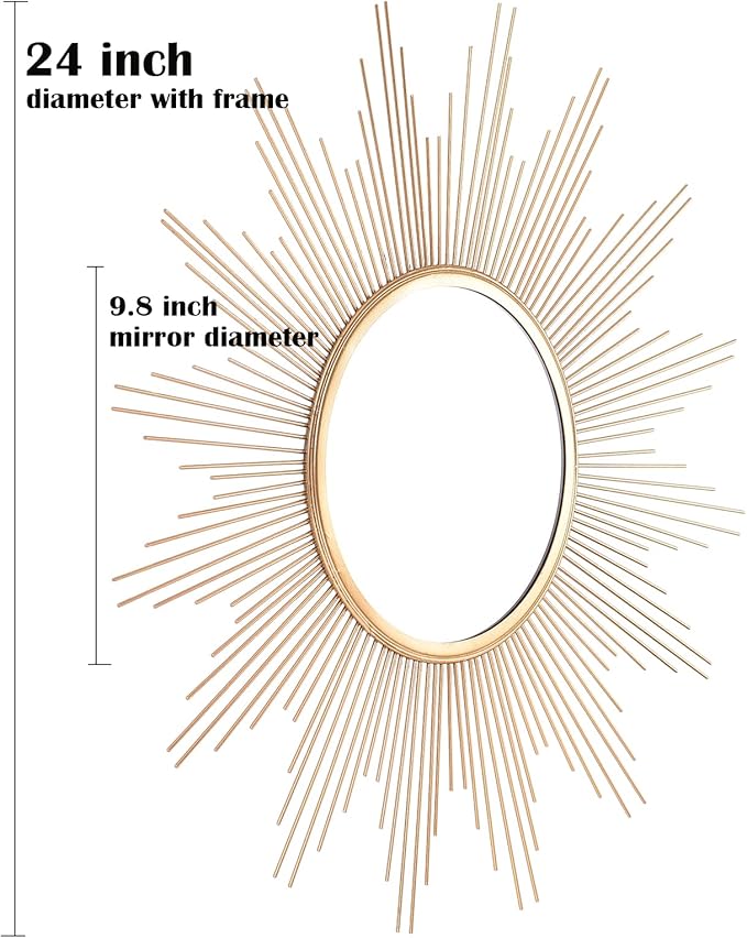 Cityelf 24'' Large Gold Sunburst Wall Mirror Boho Home Decor Round Wall Art Mirror for Living Room/Bedroom/Bathroom/Entryway