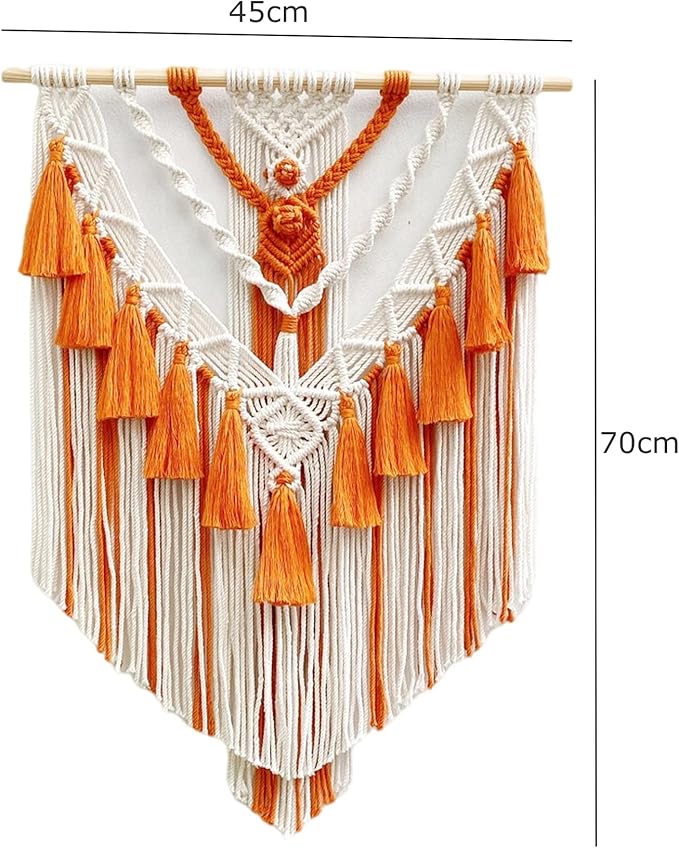 Boho Macrame Wall Hanging & Wall Decor, Cotton Handmade Tapestry with Tassel, Woven Macrame Wall Art for Decorating Bedroom Living Room Apartment Nursery (Orange)