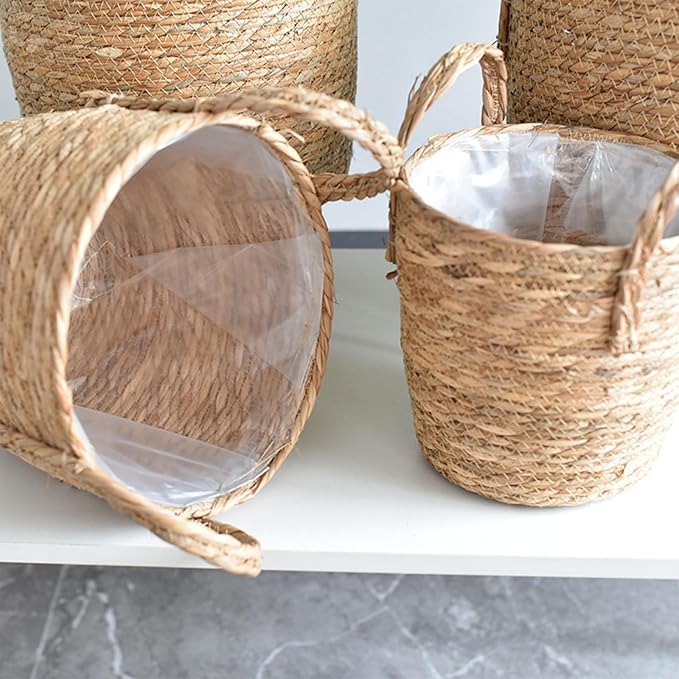 Woven Straw Flower Pot, Sea-Grass Planter Basket, Wicker Rattan Vase Sundries Organizers Storage Bins, Hand Woven Basket Planter with Plastics Liners and Handle - XXXL13.77x13.77x16.93in