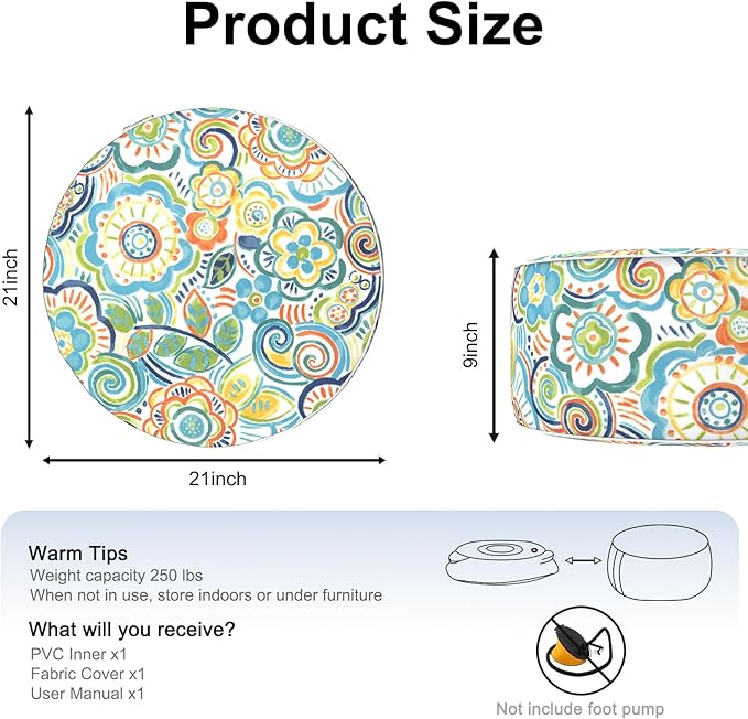 Inflatable Ottoman Stool D21 xH9 for Outdoor/Indoor Use, Water Repellent Patio Foot Rest Stool with Portable Handle,Round Pouf Ottoman Suitable for Garden,Deck and Camping - Flower Blue