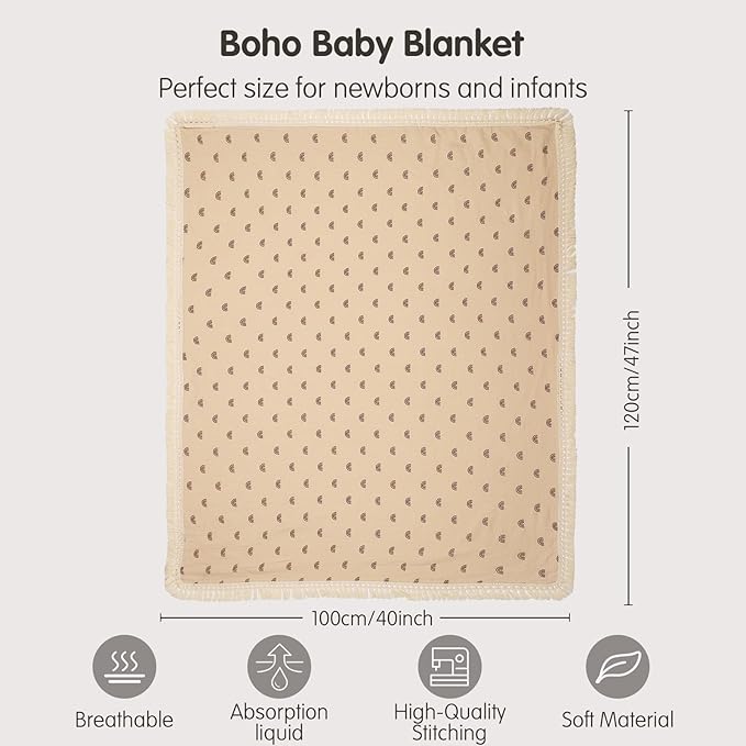 insular Cotton Muslin Baby Blanket with Tassel, Boho Bohemian Muslin Swaddle Blanket Baby Receiving Blanket with Fringe, Nursery Decor Throw or Nursing Blankets, 47" x40”, Khaki Rainbow