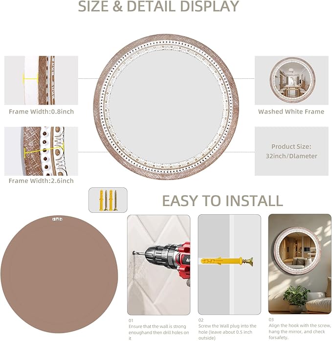 30" Wooden Round Mirrors for Wall Decor, Farmhouse Rustic Circle Decorative Mirror with White Wash Beads for Bathroom Over Sink, Bedroom, Living Room, Entryway