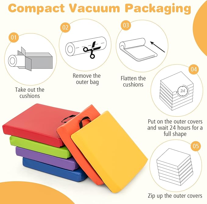HONEY JOY 6PCS Floor Cushions for Kids, 16" Length Flexible Alternative Portable Classroom Seating with Handles, Easy to Clean, Thick Soft Foam Comfy Square Seats for Daycare Preschool, Colorful