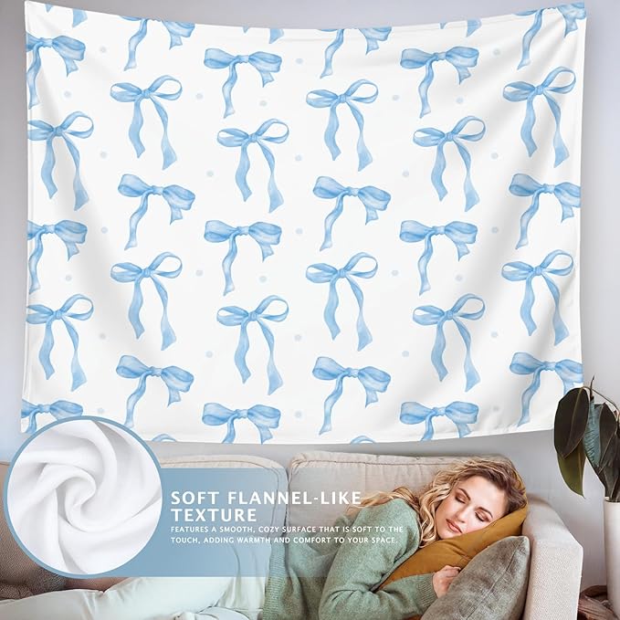 LIANGW Light Blue Coquette Trendy Preppy Wall Tapestry – Blue Bow Aesthetic Hanging Tapestry for Girls Bedroom or Dorm Room Decor,Based Blue Room Decor Aesthetic 50x60 Inch