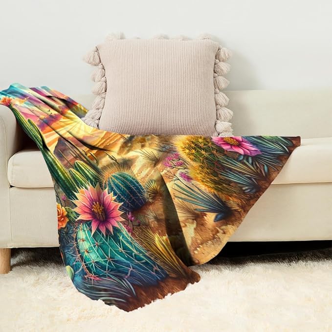 Desert Sunset Throw Blanket Cactus Fleece Throw Blanket for Sofa Couch Bed Desert Sunset Scenery Plush Blanket Ultra Soft Decor Boho Natural Theme Fuzzy Blanket Baby Soft 70"x80"