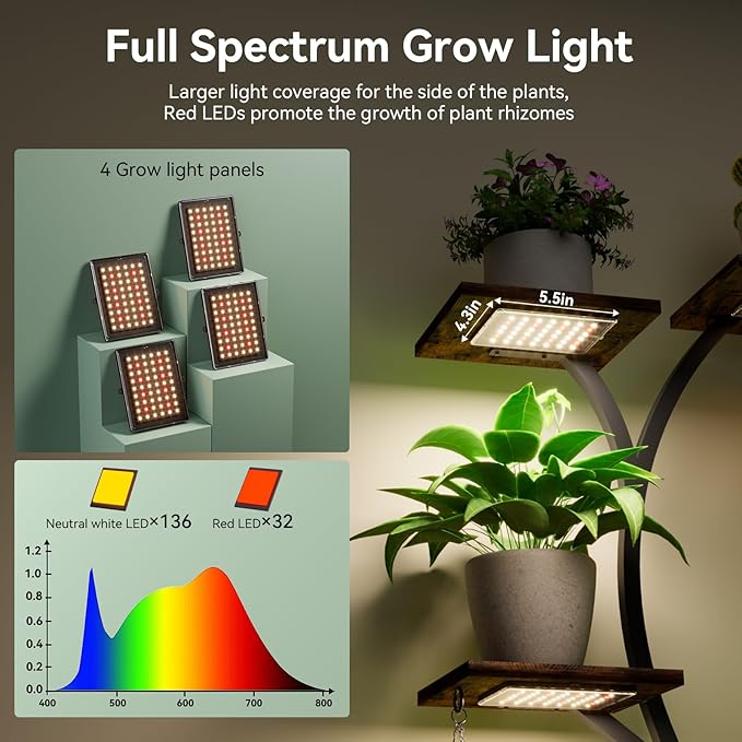 Plant Stand Indoor with Grow Lights 9 Tiered Wood Indoor Plant Shelf 62" Tall Plant Stand Metal Frame for Indoor Plants Multiple Flower Pot Holder, Large Plant Rack for Living Room Patio Corner