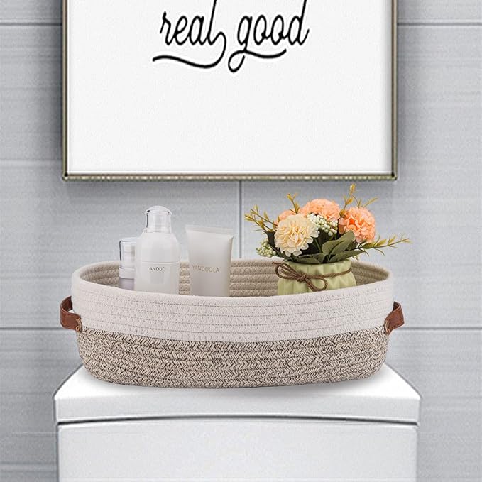 Woven Storage Basket for Toilet Tank Top,Farmhouse Home Decor Organizing Basket for Bathroom,Table and Counter 13"x5.9"x4" Apricot Stitching White