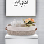 2 Pack Woven Storage Basket for Toilet Tank Top,Farmhouse Home Decor Organizing Basket for Bathroom,Table and Counter 13"x5.9"x4" Apricot Stitching White