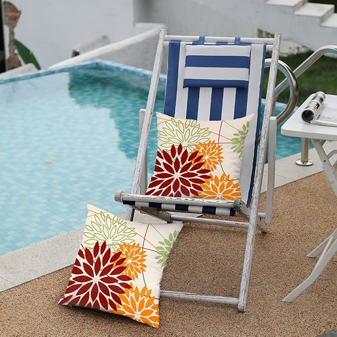 DFXSZ Red Orange Fall Pillow Cover 20X20 Inch Set of 2 Outdoor Waterproof Floral Orange Decorative Pillowcase Decor for Couch Patio Funiture Garden Print Polyester Cushion Cover 01N20