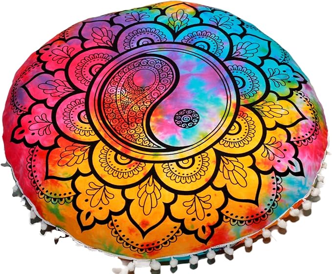 CRAFT KALA 22" Mandala Meditation Floor Pillows Cover Pouf Cover Round Seating Bohemian Mandala Cotton Floor Cushion Cover Outdoor Fireplace Seating Living Room Yoga Room Home Décor (Multi Yin Yang)
