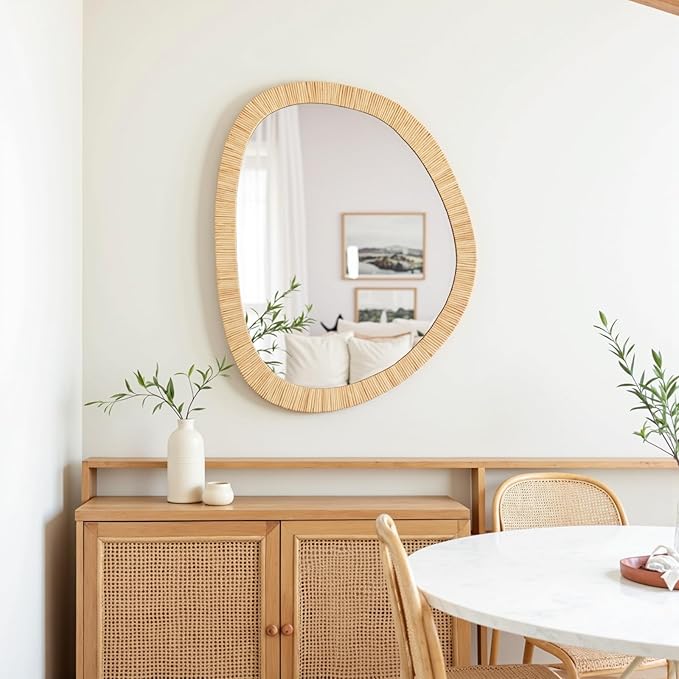 sawsile Rattan Mirror,31.5x25.2 Irregular Boho Bathroom Rattan Farmhouse Wicker Asymmetrical Wood Wall Mirror for Nursery,Bathroom,Living Room,Washroom