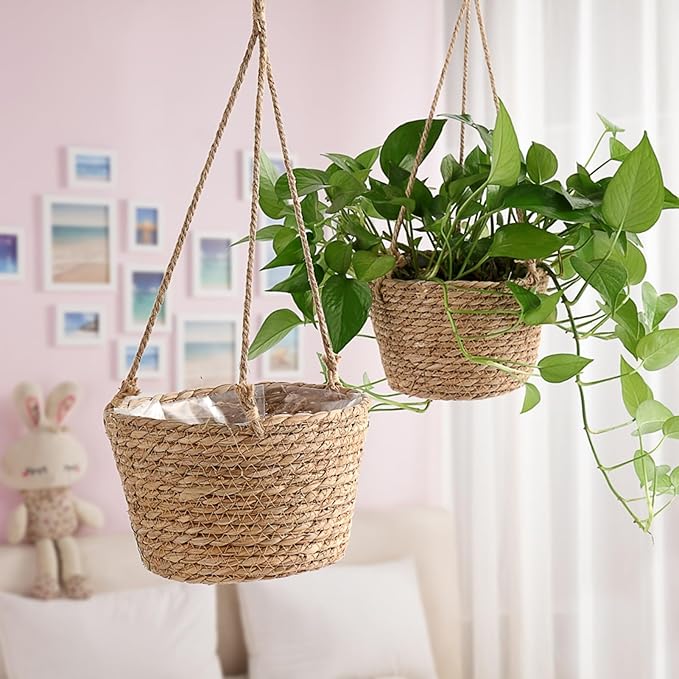 Ejoyous Hanging Planter Basket, Rustic Woven Flower Hangers for Indoor and Outdoor Plants Boho Style Hanging Straw Basket for Porches and Patio Decor (2pcs)