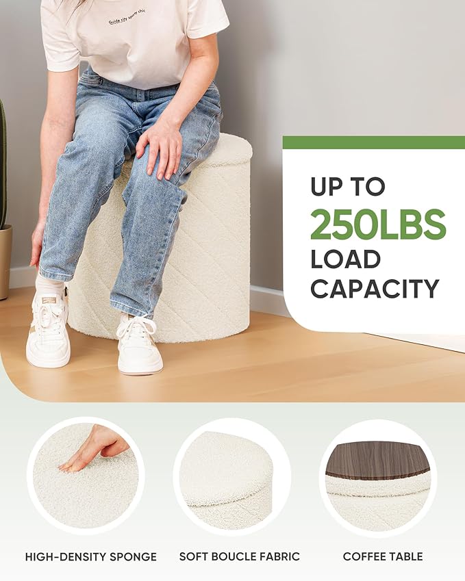 B FSOBEIIALEO Ottoman with Stroage, Boucle Round Storage Ottoman with Tray, Foot Rest Stool for Dorm Room, Living Room White, 16.93"x16.93"x17.72"