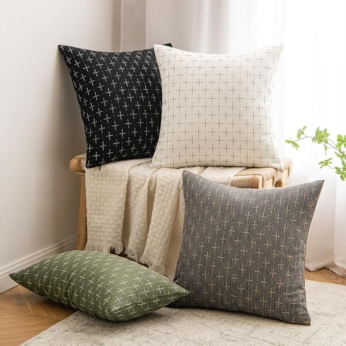 MIULEE Pack of 2 Decorative Burlap Linen Throw Pillow Covers Modern Farmhouse Pillowcase Rustic Woven Textured Cushion Cover for Sofa Couch Bed 16x16 Inch Black