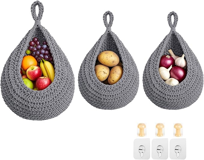 Hanging Fruit Baskets for Kitchen, 3 Pack Boho Cotton Rope Handwoven Vegetable Storage Wall Mounted Large Organizing Basket for Farmhouse Decor, Onion, Potato, Garlic and Plants