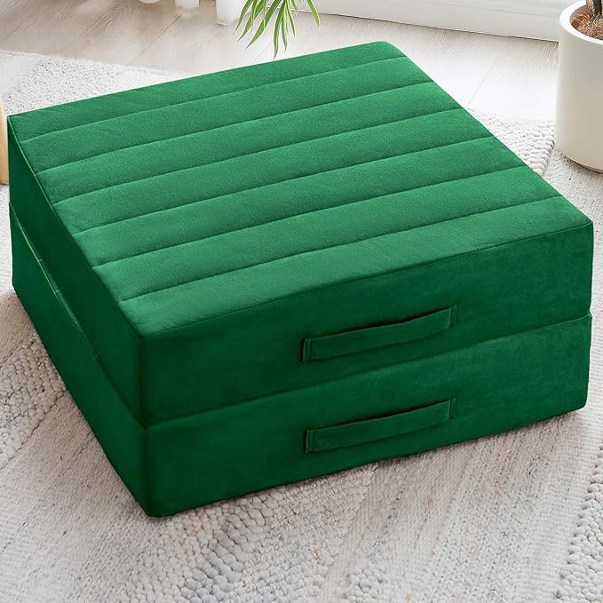 2 Pcs High Density Foam Floor Pillow - Upgraded Large Pillows Seating for Adults - Outdoor Floor Cushion with Soft Tufted Cover - Yoga Pillows for Sitting On Floor - 22 Inch Green