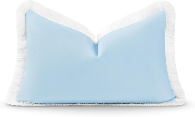 Hofdeco Premium Coastal Hampton Style Patio Indoor Outdoor Lumbar Pillow Cover Only, 12"x20" Water Resistant for Backyard, Couch, Solid Baby Blue White Fringe