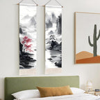 AOHMPT Pack of 2 Long Vertical Tapestry,Nature Landscape Tapestry with Serene Mountain River, Moon & Sun Motifs,Traditional Ink Painting Wall Art,Zen Aesthetic Wall Hanging for Living Room Bedroom Decor 13" W x 51" H"