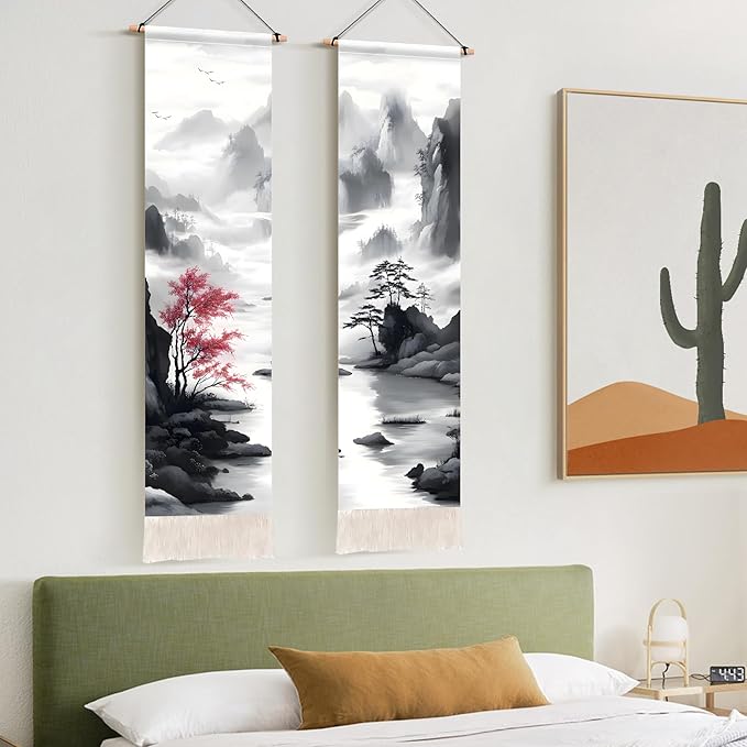 AOHMPT Pack of 2 Long Vertical Tapestry,Nature Landscape Tapestry with Serene Mountain River, Moon & Sun Motifs,Traditional Ink Painting Wall Art,Zen Aesthetic Wall Hanging for Living Room Bedroom Decor 13" W x 51" H"