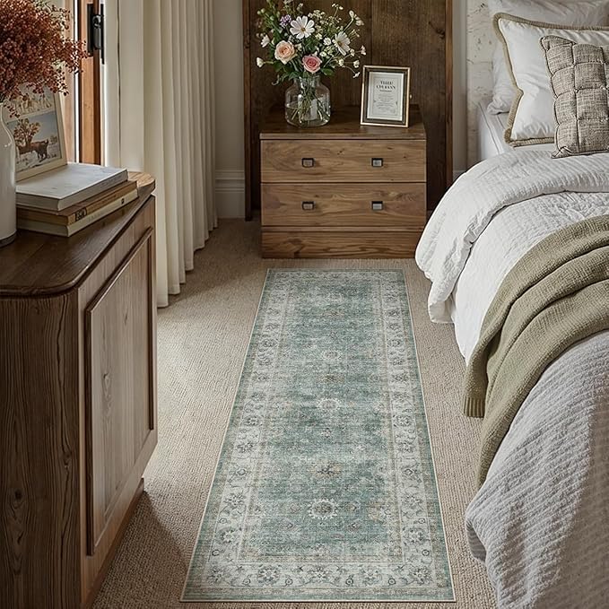 2x6 Washable Runner Rug for Kitchen Hallway Teal Blue Vintage Non-Slip Low Pile Distressed Rustic Carpet Soft Long Throw Rug for Indoor Entryway Bedroom