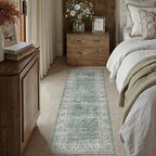 2x6 Washable Runner Rug for Kitchen Hallway Teal Blue Vintage Non-Slip Low Pile Distressed Rustic Carpet Soft Long Throw Rug for Indoor Entryway Bedroom