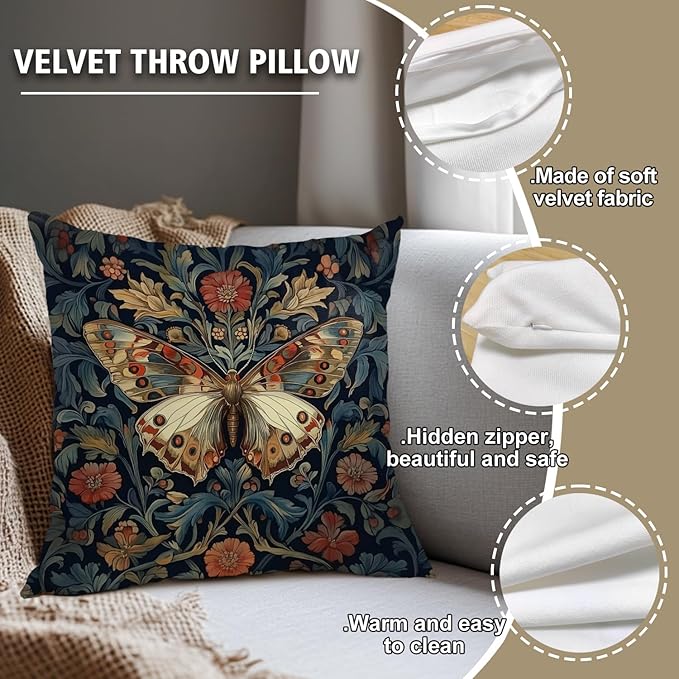 William Morris Abstract Vintage Floral Velvet Butterfly Design Throw Pillow Covers Home Decor, Retro Art Decor Pillowcase Cushion Cover for Bed Sofa Living Room, Square 18x18inch (Blue-Butterfly)