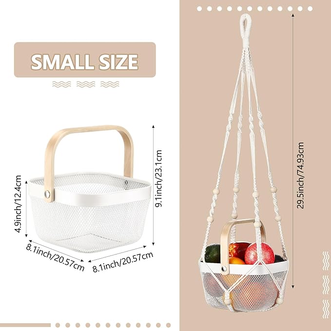 2 Sets Hanging Fruit Baskets for Kitchen 2 Size Metal Wire Mesh Basket with Boho Woven Rope Fruit Hammock Wall Hanging Vegetable Produce Basket for Kitchen Organizing Gathering Storage