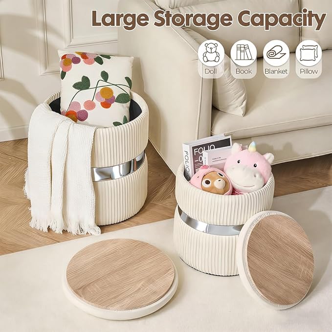 Round Storage Ottoman Set of 2 - Multi-Functional Footrest & Vanity Stool for Living Room, Space-Saving Side Table with Hidden Compartment, Sturdy Seating for Small Apartments & Bedroom, White