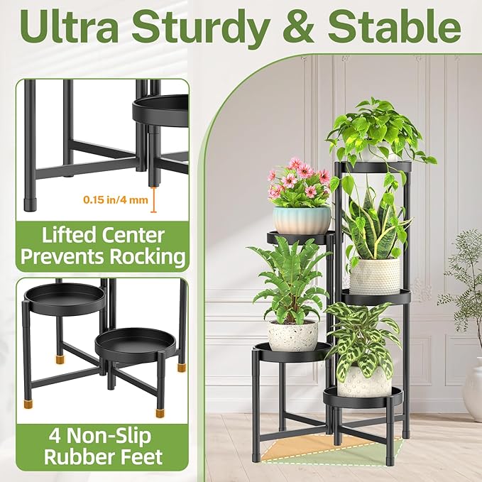 iDavosic.ly Plant Stand with Garden Tools, 5 Tier Corner Metal Flower Display Holder Shelf Indoor Outdoor, Folding Tall Orchid Rack for Patio Balcony Porch Living Room House, Black
