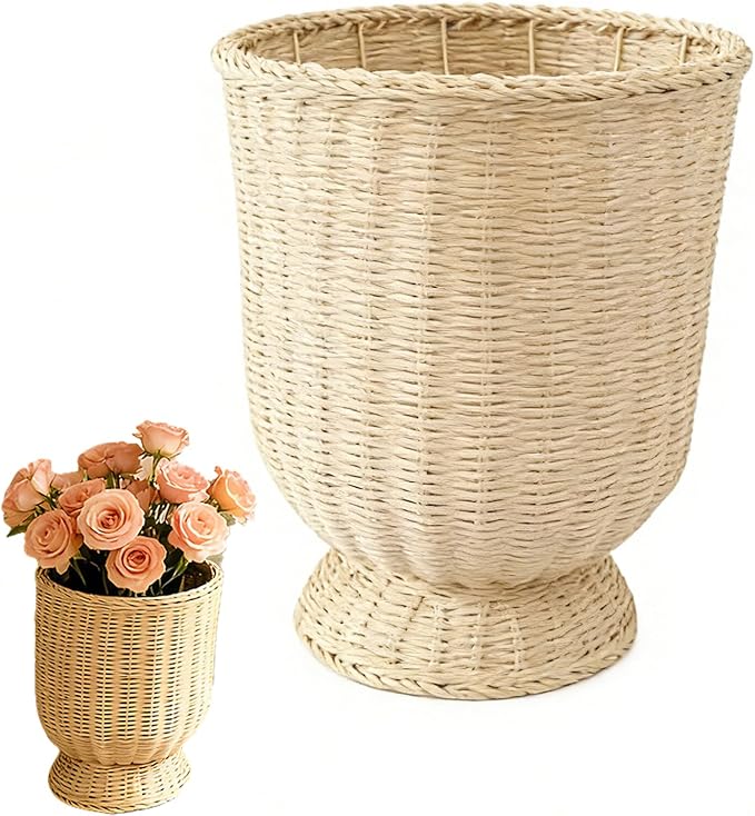12 Inch Hand Woven Rattan Planter Pot with Stand - Large Decorative Basket for Indoor Plants, Flowers, and Storage - Boho Home Decor for Living Room, Patio, and Entryway (Khaki)