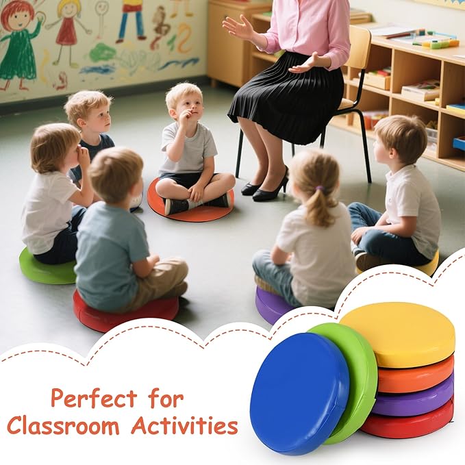 Costzon 6-Piece 14 inch Kids Floor Cushion, 2.5" Thick Waterproof Daycare Preschool Round Foam Cushion with Handle for Toddlers, Soft Flexible Seating for Classroom, Home, Kindergarten or Nursery