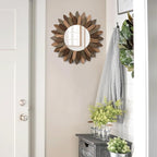 Honiway Boho Wall Decor Mirror 2 Pack 12 inch Rustic Wood Decorative Mirror for Room Decor Rustic Farmhouse Wall Decor for Bedroom Bathroom Living Room Entryway Tril Color