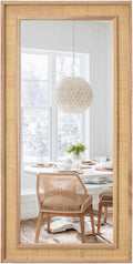 Rectangle Rattan Mirror, 24"x36" Rattan Wall Mirror for Bathroom, Large Farmhouse Wooden Mirror with Handmade Wicker Frame, Decorative Boho Mirror for Nursery Bedroom Living Room Entryway Nature