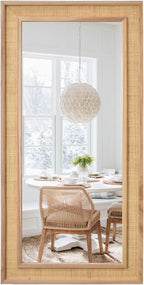 Rectangle Rattan Mirror, 24"x36" Rattan Wall Mirror for Bathroom, Large Farmhouse Wooden Mirror with Handmade Wicker Frame, Decorative Boho Mirror for Nursery Bedroom Living Room Entryway Nature