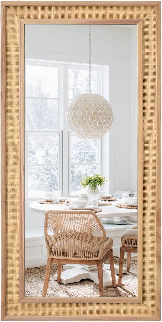 Rectangle Rattan Mirror, 24"x36" Rattan Wall Mirror for Bathroom, Large Farmhouse Wooden Mirror with Handmade Wicker Frame, Decorative Boho Mirror for Nursery Bedroom Living Room Entryway Nature