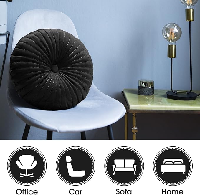Namalu 2 Pcs Round Throw Pillow 13.8 Inch Decorative Round Velvet Floor Pillows Pumpkin Throw Pillows with Center Button for Thanksgiving Home Decor Living Room Sofa Couch Bed Chair (Black)