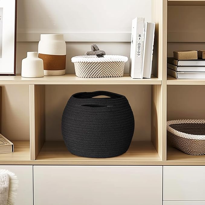 Black Woven Storage Basket, 11" x 9" Indoor Plant Basket for Decor, Decorative Small Cotton Rope Bin for Organizing Pet Toy, Gifts, Towel, Cloth, Socks, Wicker Planter Holder, Modern Shoe Bin