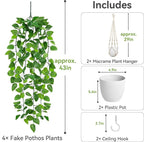 USLAI Fake Hanging Plant, Artificial Pothos Vines Greenery with Pot and Macrame Plant Hanger for Indoor Outdoor Boho Decor
