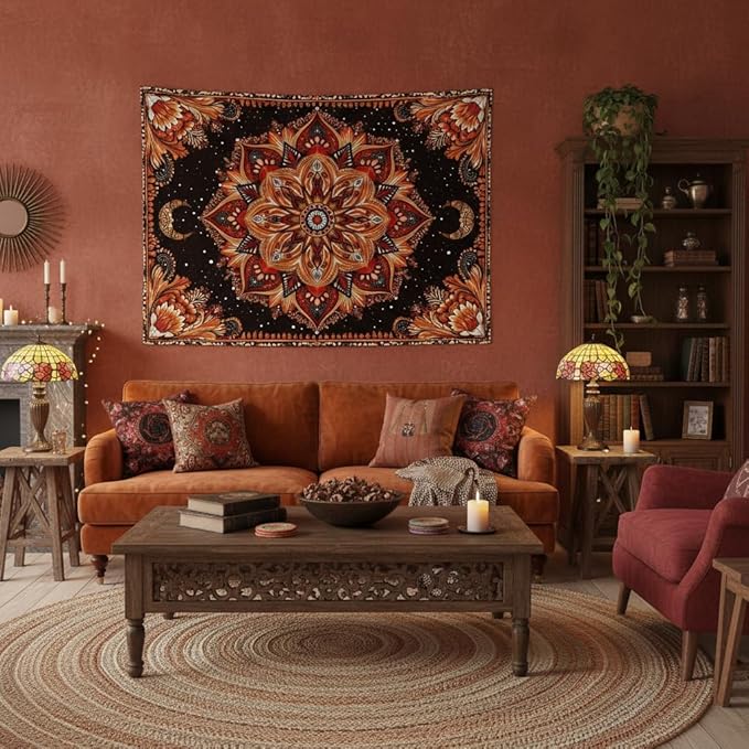 Accnicc Mandala Floral Tapestry Wall Hanging Boho Orange Red Tapestry Aesthetic Hippie Vintage Bohemian Flower Celestial Indian Cute Small Tapestries for Bedroom Living Room Dorm Decor 48 x 36 Inch