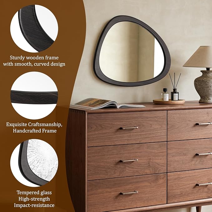 WallBeyond Asymmetrical Mirror, Irregular Wall Mirror, Wall Mirrors Decorative for Bedroom Living Room Entryway Hall, Wood Mirror for mid Century Modern Decor 23" H x 19" W, Black