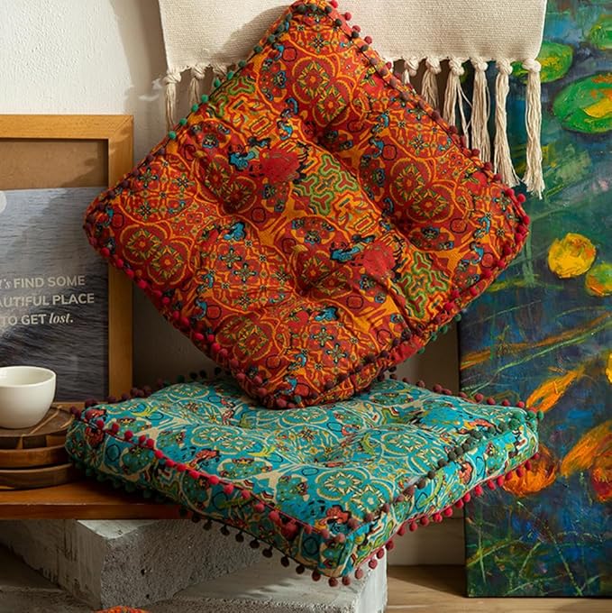 Square Bohemian Floor Pillow, Meditation Floor Seat Cushion, Large Soft Cotton Linen Chair Pad for Yoga Living Room Balcony Outdoor Tatami, 16.5x16.5 Inch (Square Orange)