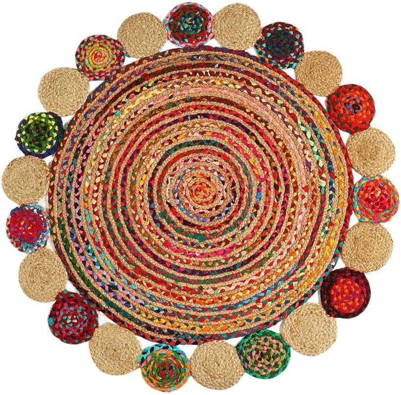 GRUHUM Round Jute Area Rug 7'ft Natural Handwoven Cotton Multi Chindi Boho Colorful Rustic Vintage Soft Braided Reversible Bohemian Rug- Indoor Outdoor Kitchen Bedroom Living Hallways 7'ft Circle - color: Multi Color- 11, size: 7' (Round)
