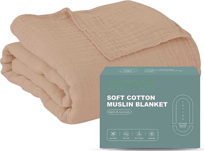 Cosy Family 6 Layer Muslin Bed Blanket - Breathable and Lightweight Gauze Boho Blanket for Spring, Soft 100% Cotton Muslin Blanket, Brown, 80x90 Inches