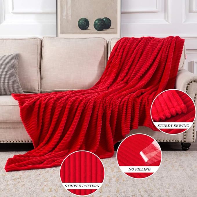 MIULEE Red Fleece Throw Blanket for Couch 300GSM Super Soft Lightweight Plush Striped Throws, Red Warm Cozy Breathable Ribbed Flannel Blanket for Bed/Sofa, Twin Size 60"x80"