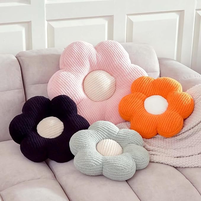 Flower Pillow, Cute Daisy Decorative Pillow for Bed, Soft Home Decor Floor Seating Cushion (Black, 14.9 Inches)