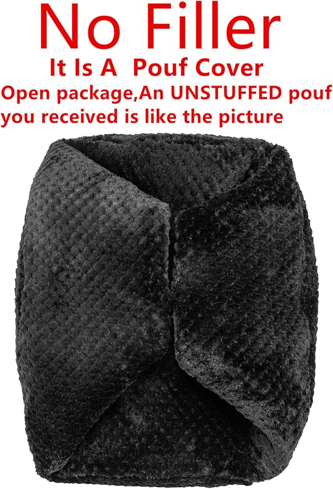 Asuprui Unstuffed Pouf Ottoman Round Poof Ottoman No Filler Soft Faux Fur Foot Stool 20x20x12 Inches Fuzzy Chair Floor Pouf Foot Rest with Storage for Living Room Bedroom Black