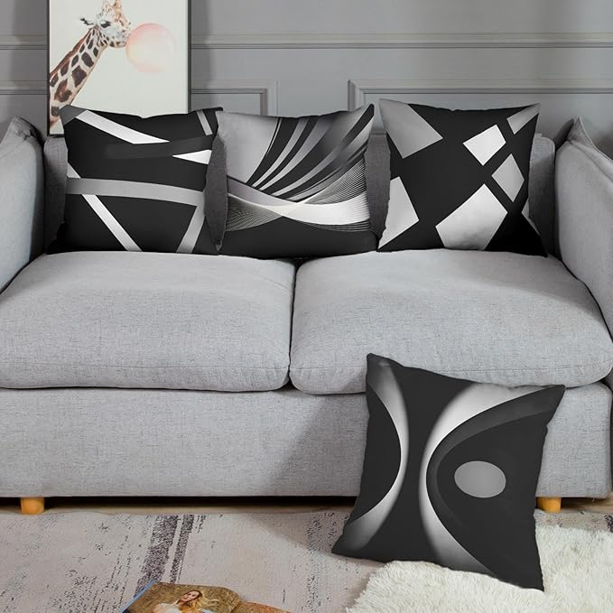 Emvency Set of 4 Black Throw Pillow Covers Modern Abstract Grey Stripes Gray White Acrylic Bold Decorative Pillow Cases Home Decor Square 16x16 Inches Pillowcases