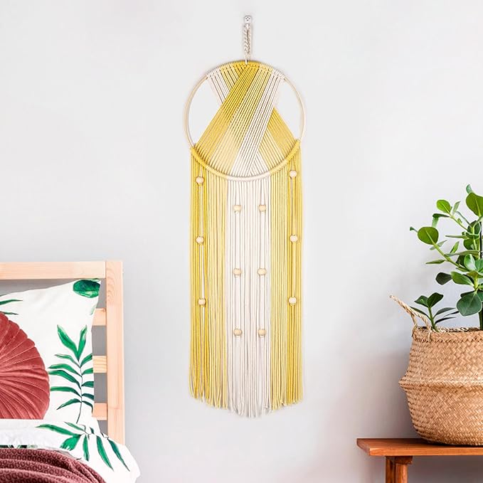 EOBTAIN Yellow Macrame Wall Hanging - Handmade Dream Catchers - Boho Dreamcatchers with Cotton Rope Tassel - Woven Wall Decor Tapestry for Living Roome Bedroom Home Decorations - 9.8" W x 31.5" L